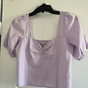 Lilac Gingham Puff-Sleeve Square-Neck Crop Top